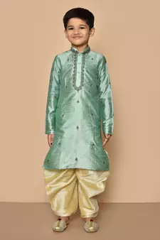 Green embroidered art silk boys-dhoti-kurta