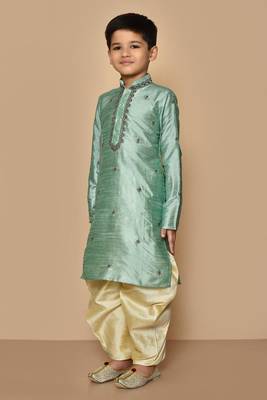 Green embroidered art silk boys-dhoti-kurta 5