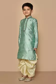 Green embroidered art silk boys-dhoti-kurta