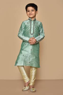Green embroidered art silk boys-kurta-pyjama 1