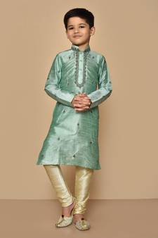 Green embroidered art silk boys-kurta-pyjama