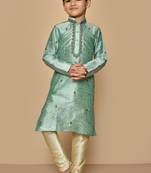 Green embroidered art silk boys-kurta-pyjama