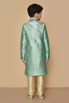 Green embroidered art silk boys-kurta-pyjama