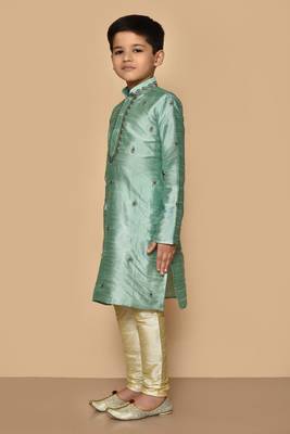 Green embroidered art silk boys-kurta-pyjama 3