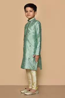 Green embroidered art silk boys-kurta-pyjama