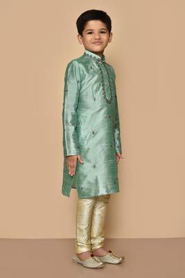 Green embroidered art silk boys-kurta-pyjama 4