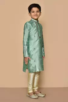 Green embroidered art silk boys-kurta-pyjama