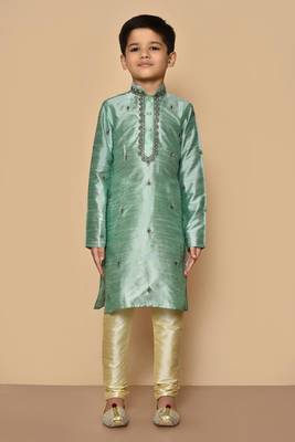 Green embroidered art silk boys-kurta-pyjama 5