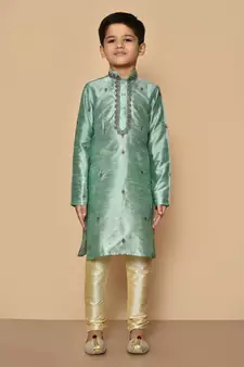 Green embroidered art silk boys-kurta-pyjama