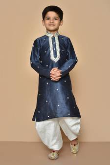 Blue embroidered art silk boys-dhoti-kurta