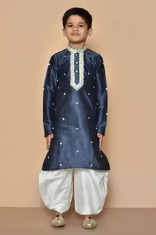 Blue embroidered art silk boys-dhoti-kurta