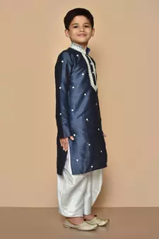 Blue embroidered art silk boys-dhoti-kurta