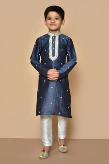 Blue embroidered art silk boys-kurta-pyjama