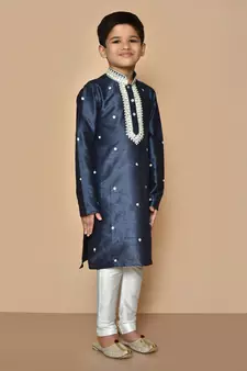 Blue embroidered art silk boys-kurta-pyjama