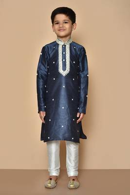 Blue embroidered art silk boys-kurta-pyjama 4