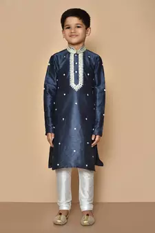 Blue embroidered art silk boys-kurta-pyjama
