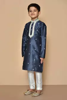 Blue embroidered art silk boys-kurta-pyjama