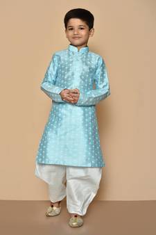 Blue printed art silk boys-dhoti-kurta