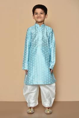 Blue printed art silk boys-dhoti-kurta 4