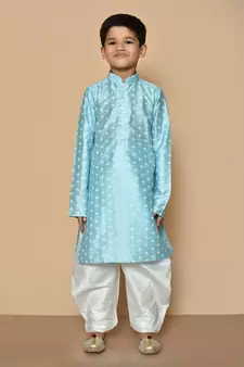 Blue printed art silk boys-dhoti-kurta