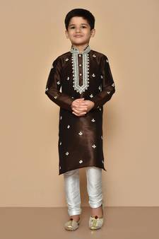 Brown embroidered art silk boys-kurta-pyjama