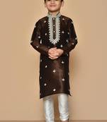 Brown embroidered art silk boys-kurta-pyjama