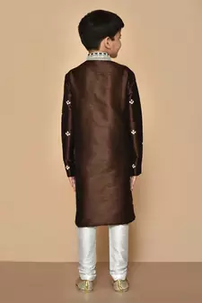 Brown embroidered art silk boys-kurta-pyjama