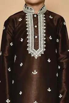 Brown embroidered art silk boys-kurta-pyjama