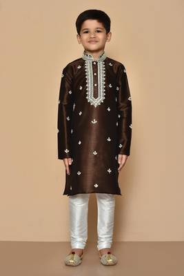 Brown embroidered art silk boys-kurta-pyjama 4