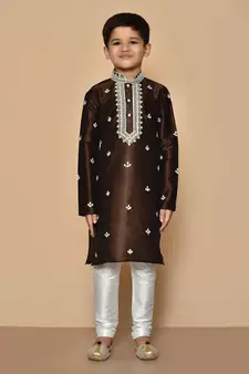 Brown embroidered art silk boys-kurta-pyjama