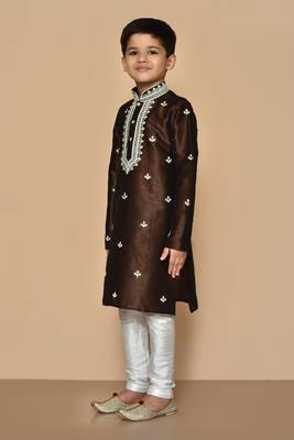 Brown embroidered art silk boys-kurta-pyjama 5