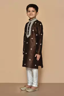 Brown embroidered art silk boys-kurta-pyjama