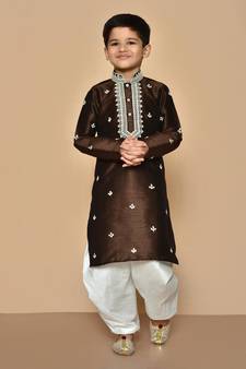Brown embroidered art silk boys-dhoti-kurta