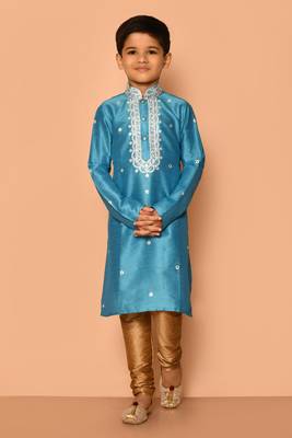Blue embroidered art silk boys-kurta-pyjama 1