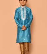 Blue embroidered art silk boys-kurta-pyjama