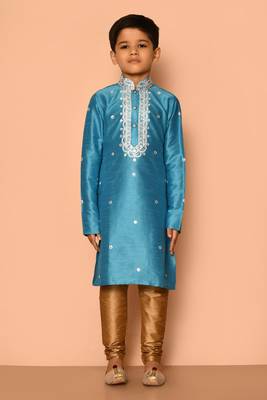 Blue embroidered art silk boys-kurta-pyjama 3