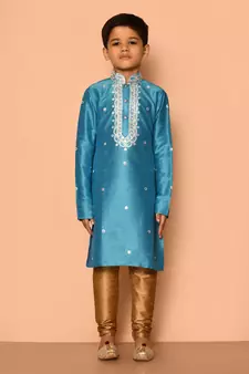 Blue embroidered art silk boys-kurta-pyjama