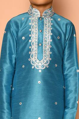 Blue embroidered art silk boys-kurta-pyjama 4