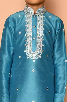 Blue embroidered art silk boys-kurta-pyjama