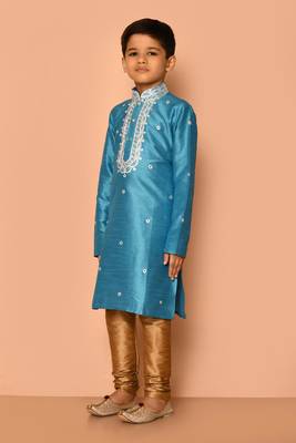 Blue embroidered art silk boys-kurta-pyjama 5
