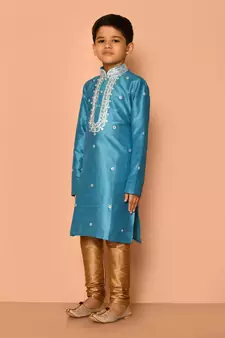 Blue embroidered art silk boys-kurta-pyjama