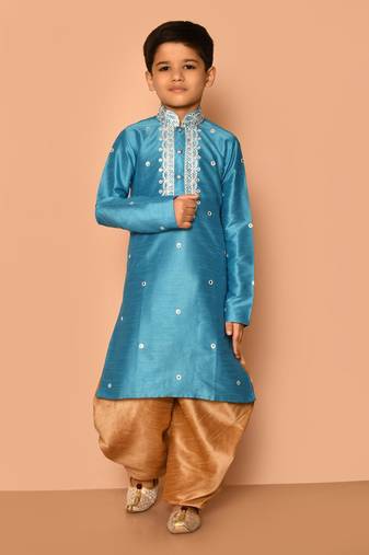 Blue embroidered art silk boys-dhoti-kurta