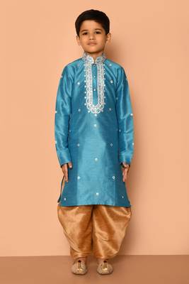 Blue embroidered art silk boys-dhoti-kurta 4