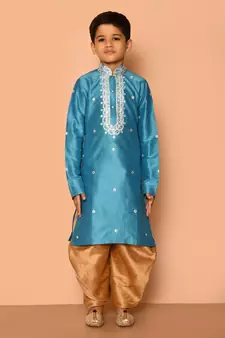 Blue embroidered art silk boys-dhoti-kurta
