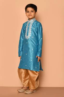 Blue embroidered art silk boys-dhoti-kurta 5