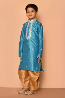 Blue embroidered art silk boys-dhoti-kurta