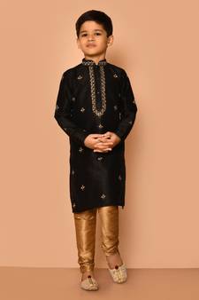 Black embroidered art silk boys-kurta-pyjama
