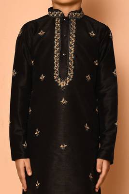 Black embroidered art silk boys-kurta-pyjama 3