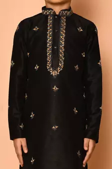 Black embroidered art silk boys-kurta-pyjama