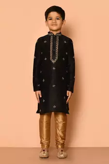 Black embroidered art silk boys-kurta-pyjama